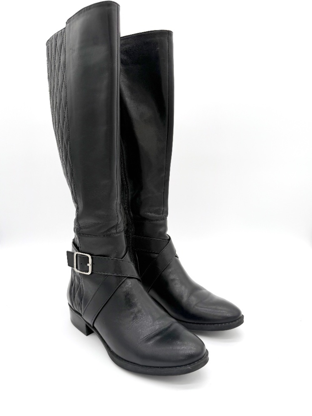 DKNY Mattie Black Leather Riding Boots Womens 8 M EU 38.5 Quilted Knee High